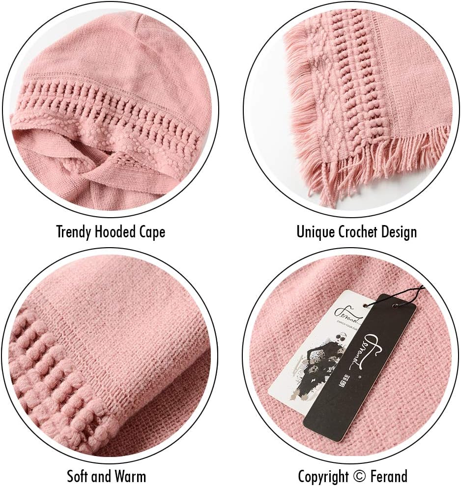 Ferand Damen Poncho mit Kapuze und gehäkeltem Cape mit Fransensaum für Herbst Winter Einheitsgrösse