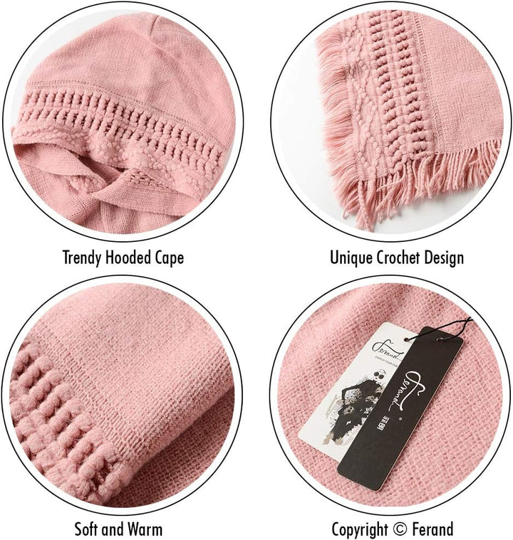 Ferand Damen Poncho mit Kapuze und gehäkeltem Cape mit Fransensaum für Herbst Winter Einheitsgrösse