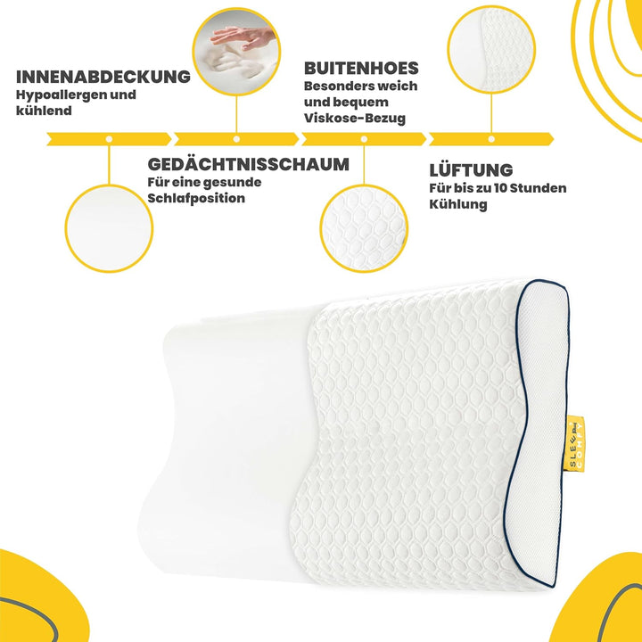 SLEEP COMFY - Premium Visco HWS Nackenkissen, 60x40x14/12cm, Kopfkissen mit Bezug, Nackenstützkissen