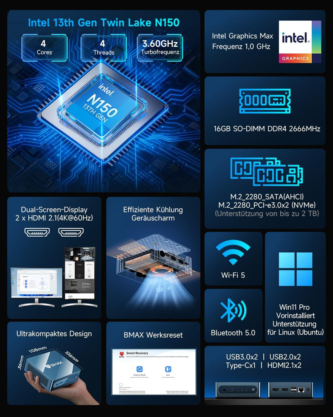BMAX Mini PC B4Turbo Intel N150 13th Generation Twin Lake (Beat N100/N95, 4C/4T, bis zu 3,6 GHz) 16G