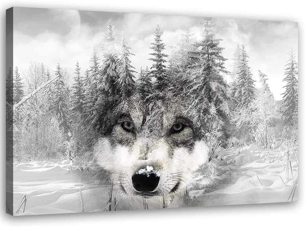 Feeby Wanddeko Wolf Leinwandbild Kunstdruck Winter Weiss 90x60 cm Leinwandbild 90x60 cm Weiss_b, Lei