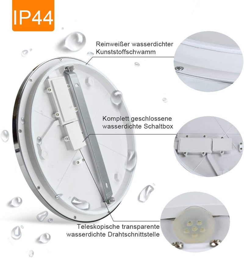 PADMA Deckenleuchte Led Warmweiss Bad Deckenlampe Modern Silber Rund Flach 18W 3000K Wasserdicht Ip4