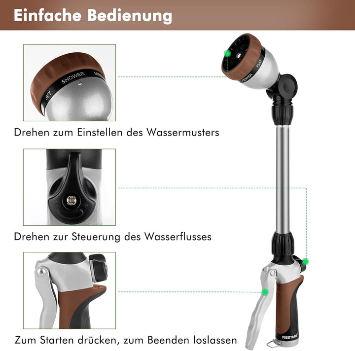 RESTMO Garten Giessstab Metall, 42cm Lang Gartenbrause mit Stiel, 180° schwenkbaren Kopf Stabbrause