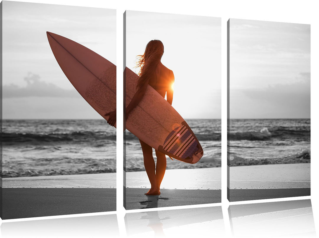 Pixxprint Surferin vor Sonnenuntergang als Leinwandbild | Grösse: 3 Teilig (120x80) | Wandbild| Kuns