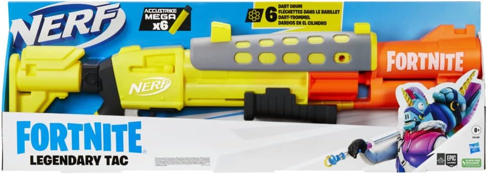 Nerf Fortnite Legendary TAC Blaster, Lackierung Gelbes Leuchten, 6-Dart Megatrommel, 6 Nerf AccuStri