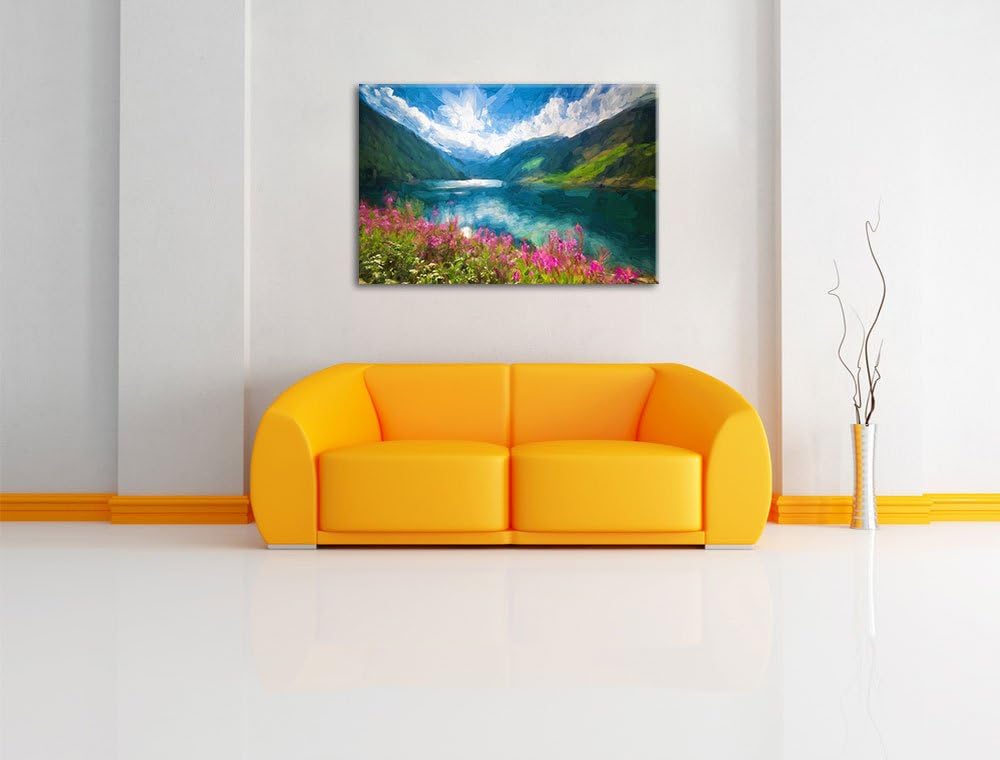 Pixxprint Blumenwiese See als Leinwandbild/Grösse: 100x70 cm/Wandbild/Kunstdruck/fertig bespannt, 10