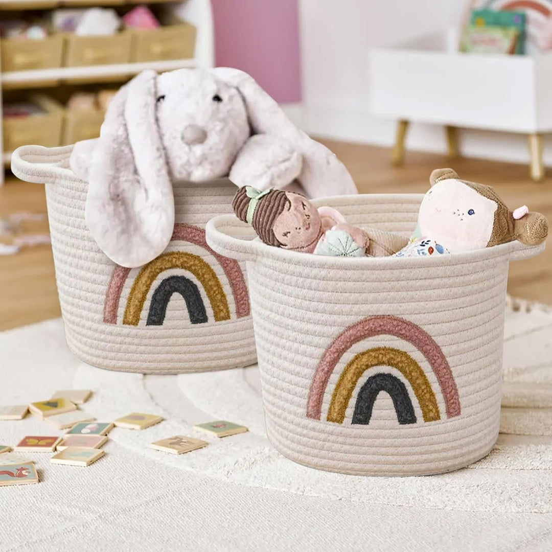 2 Stück Kleiner Gewebter Aufbewahrungskorb, 25x20cm Kinder Baumwollseil-Regalkorb mit Regenbogen, Ko