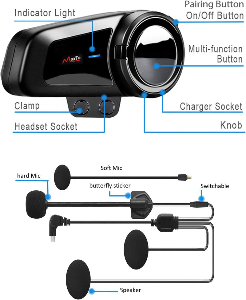 QSPORTPEAK M2 Motorrad Bluetooth Headset 5.0, Helm Intercom bis zu 6 Fahrer Gleichzeitige Kommunikat