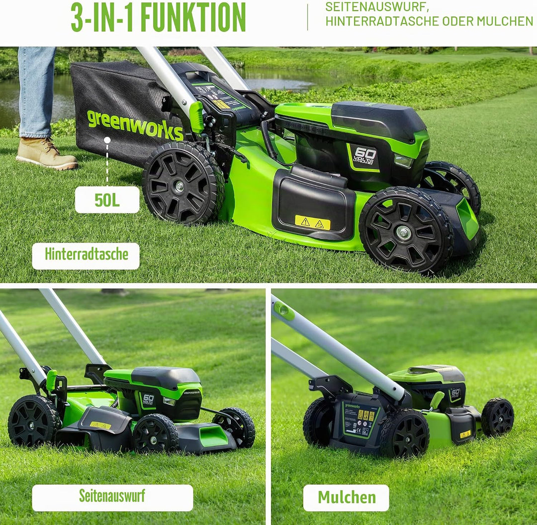 Greenworks Pro 60V 46cm Bürstenloser Akku-Rasenmäher, Selbstfahrend, Schnitthöhe 25-85mm, Klappbarer