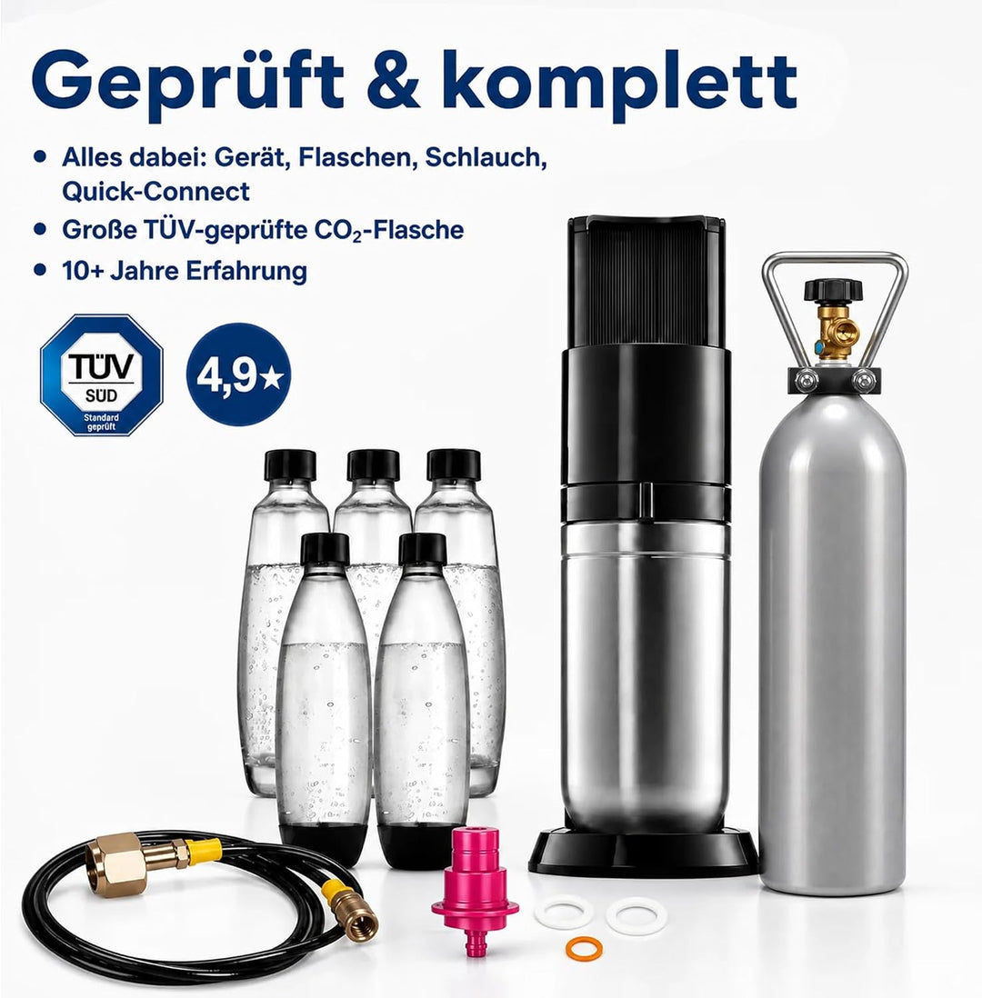 Wassersprudler Duo Spar-Set inkl. Premium-Gerät mit Glaskaraffe, 2 kg CO2-Mehrwegflasche und TÜV-gep