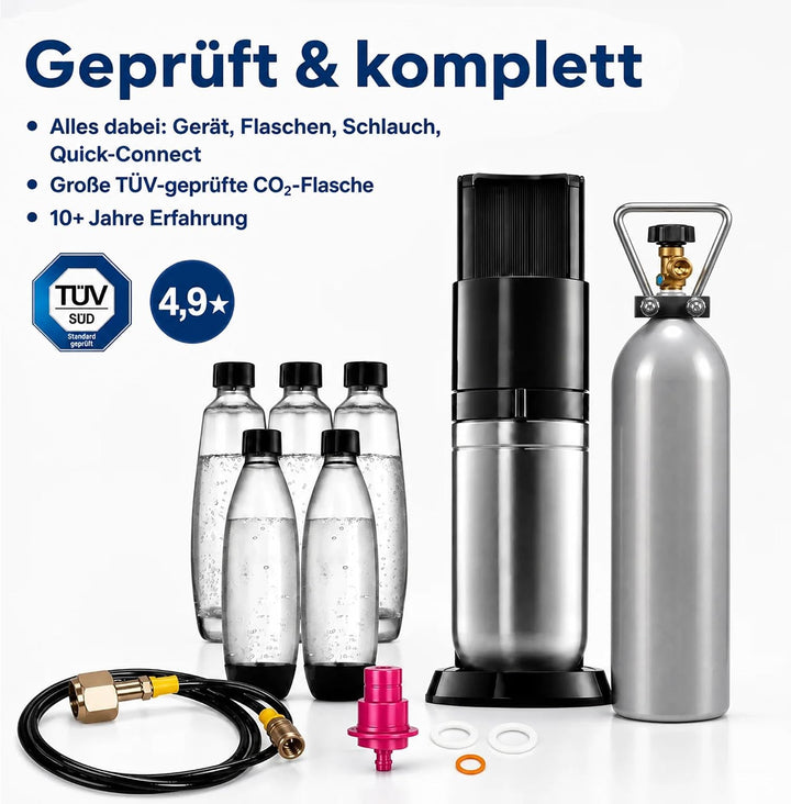 Wassersprudler Duo Spar-Set inkl. Premium-Gerät mit Glaskaraffe, 2 kg CO2-Mehrwegflasche und TÜV-gep