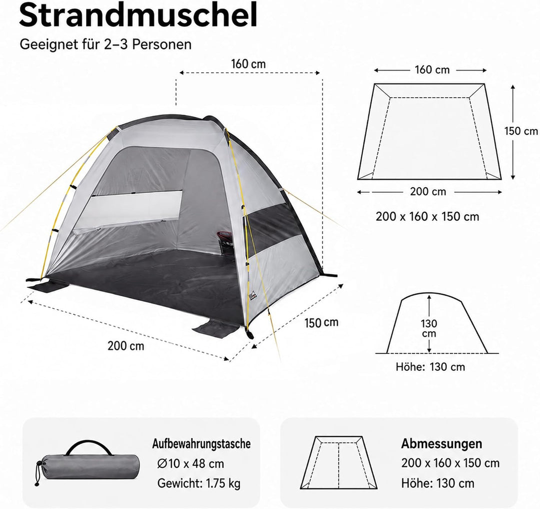 High Peak Strandmuschel mit UV 80, erhöhter Innenhöhe und Mesh-Belüftung | Grosszügiger Platz für 2–
