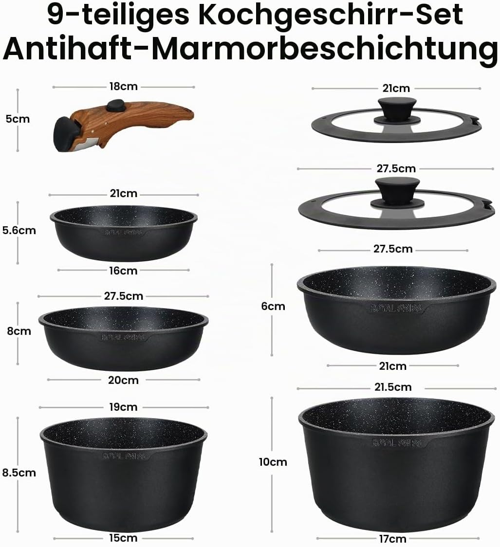 Royal Swiss Kochgeschirr, Induktion, 9-teilig, 2 abnehmbare Griffe, Topfset mit Deckel für alle Herd