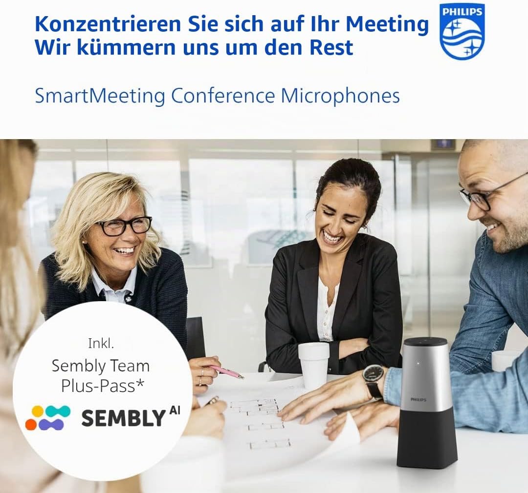 Philips PSE0540 SmartMeeting Tragbares Konferenzmikrofon mit Sembly AI zur Spracherkennung für mehre