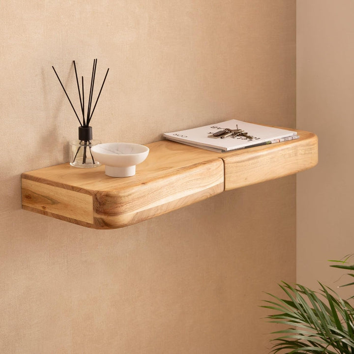 Wohnling Wandregal 80x20x8 cm Akazie Massivholz mit 2 Schubladen 80 cm, 80 cm