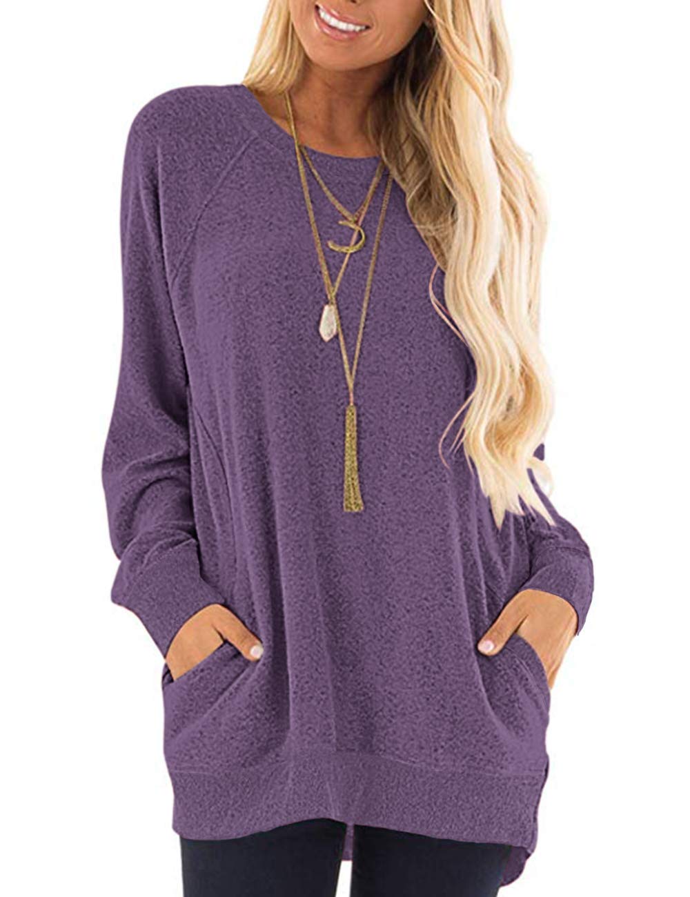AUSELILY Damen Langarmshirts Rundhals T Shirts Blusen Tunika Sweatshirt Pullover Mit Taschen Lila S,