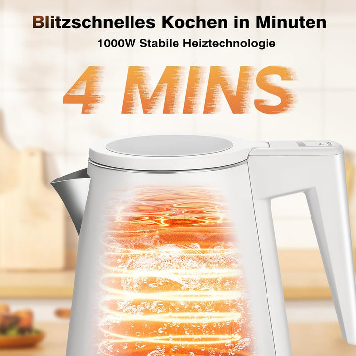 1,2L Kabelloser Edelstahl Wasserkocher – BPA-frei, 1000W Schnellkochender Teekocher, Metall Design,