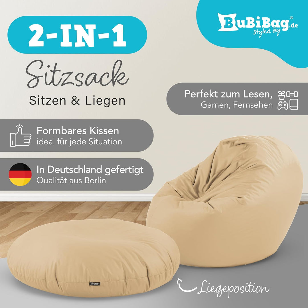 BuBiBag 2in1 Sitzsack L - XXL mit Füllung für Kinder &amp; Erwachsene, Gaming Beanbag &amp; Bodenkissen für