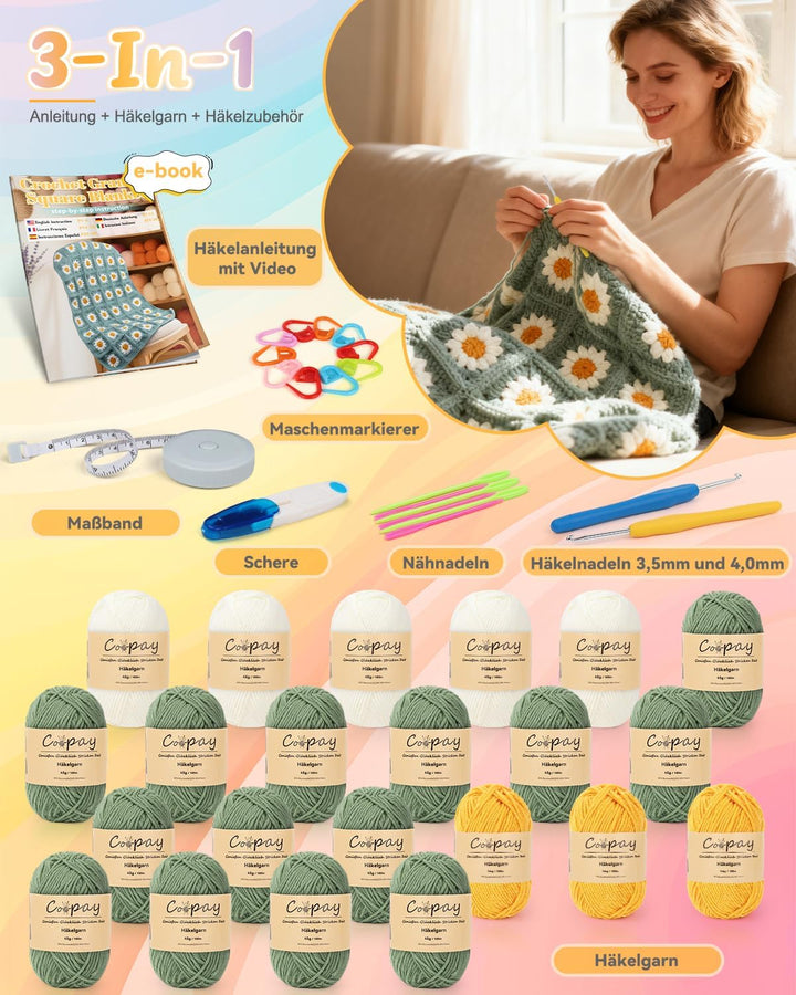 Coopay Granny Square Häkelset für Anfänger, Häkel Set für Gänseblümchen Decke, Komplett Häkelset mit