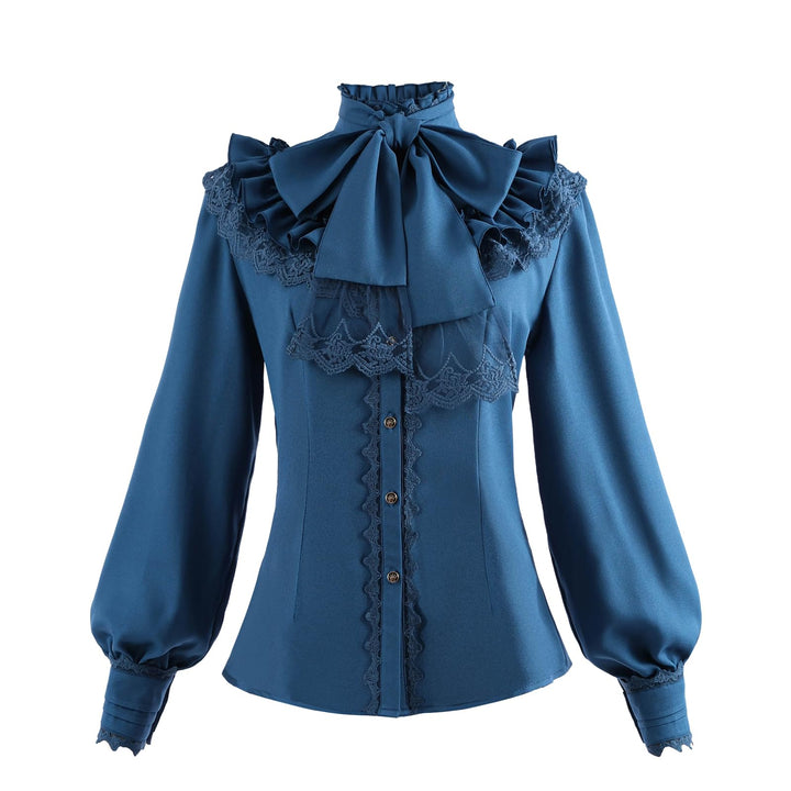 Fiamll Damen Viktorianisch Bluse Vintage Schleifenhemd Stehkragen mit Rüschen Langarmshirt Mittelalt