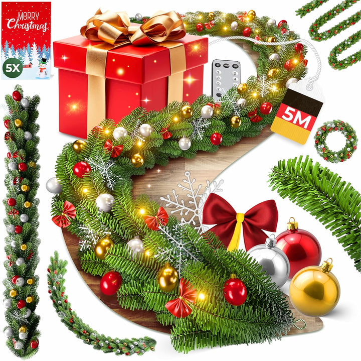 KESSER® Weihnachtsgirlande 5m mit Beleuchtung 100 LED's inkl Deko Fernbedienung - Timer - Lichterket