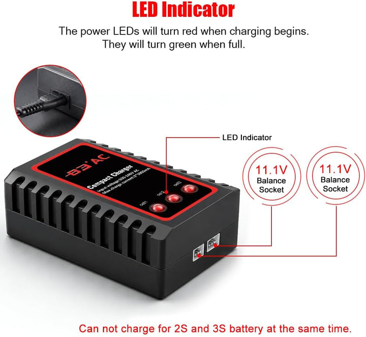 Haisito B3 Lipo Ladegerät für 2S 3S Akku (7.4V, 11.1V), Kompaktes Airsoft-Schnellladegerät (100-240V