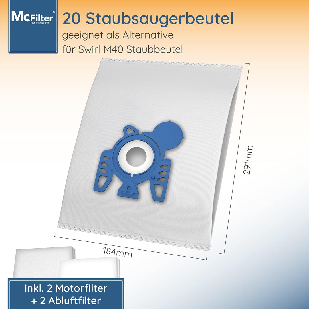 McFilter | 20 Staubsaugerbeutel Alternative für Beutel Swirl M40 / M49, Staubbeutel inkl. Mikrofilte