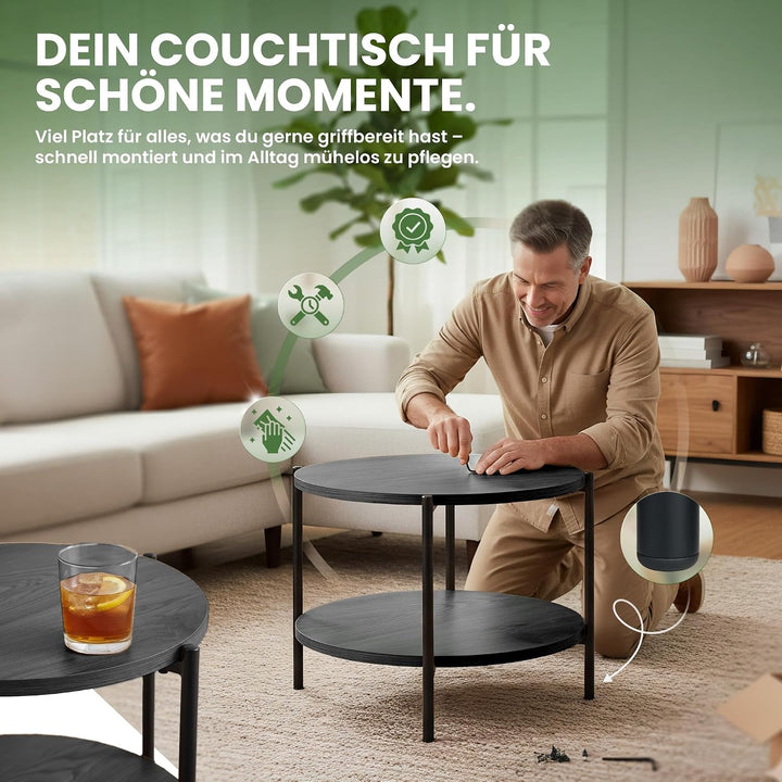 CLP Couchtisch rund Holz Edduma, Sofatisch 2 Ebenen mit Stauraum, Beistelltisch klein Metallgestell