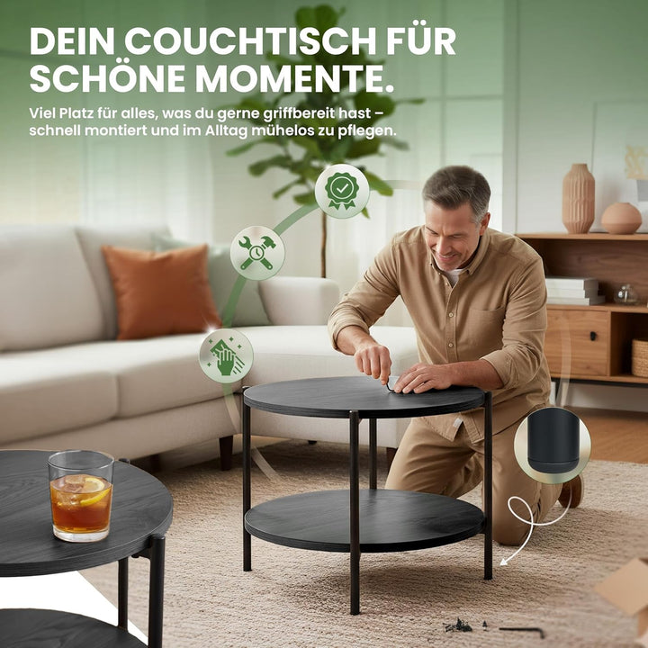 CLP Couchtisch rund Holz Edduma, Sofatisch 2 Ebenen mit Stauraum, Beistelltisch klein Metallgestell