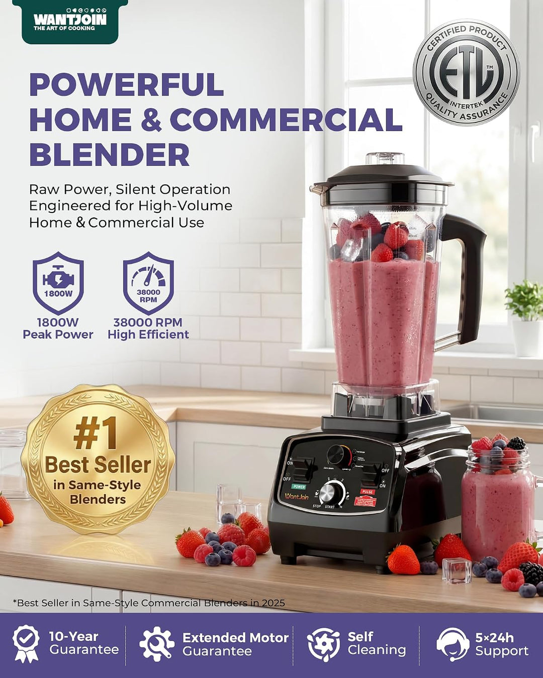 WantJoin Hochleistungsmixer 1800W | 2000ml Smoothie Maker für Gastronomie &amp; Haushalt, ETL-geprüfter