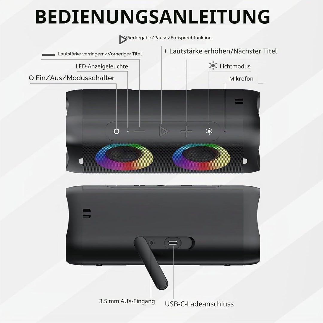 DONOW Bluetooth Lautsprecher mit Licht, 30W Stereo Sound, Musikbox Bluetooth Box mit IPX5 wasserdich