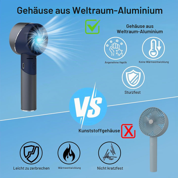 Handventilator mit Space-Aluminiumgehäuse, 4 Geschwindigkeiten Mini Ventilator Klein, 18 Std Ultra-H