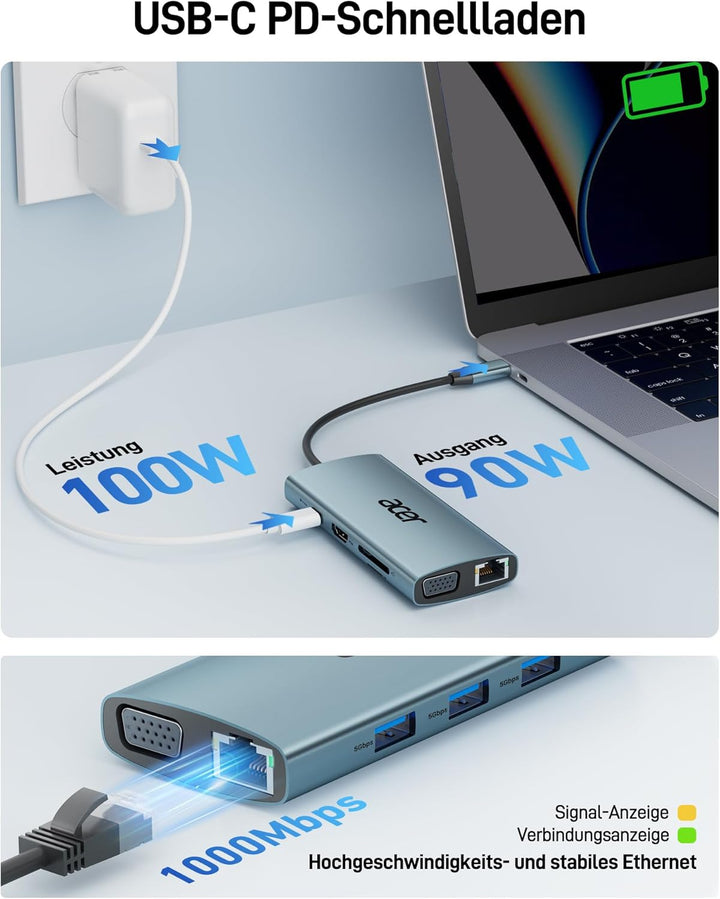 acer USB C Hub Docking Station, 9IN1 USB C zu 4K HDMI, 3xUSB 3.0 5Gbps, 1Gbps Ethernet, 100W PD, VGA
