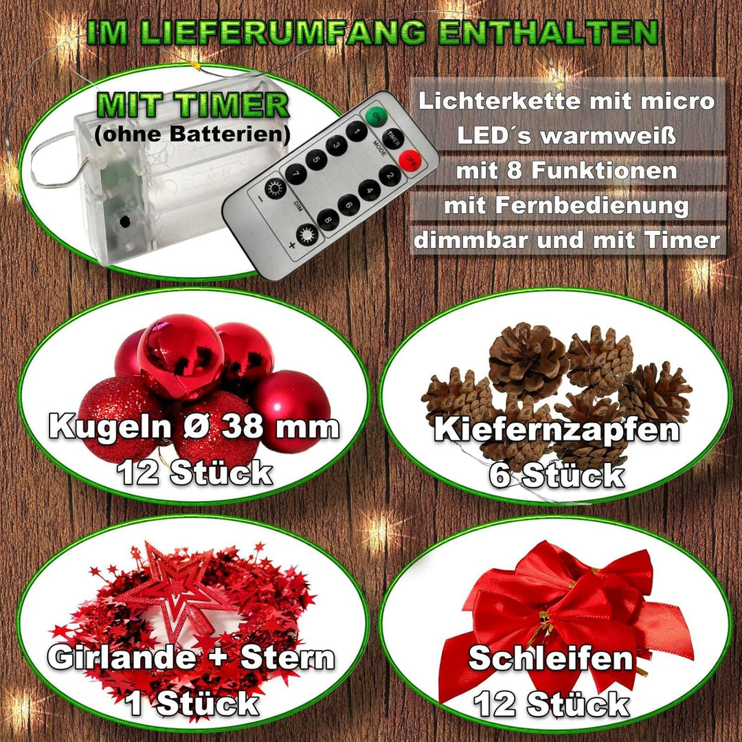 Weihnachtsbaum künstlich (WBD) 60 cm grün mit Weihnachtsdeko rot und Led Lichterkette mit Batteriebo