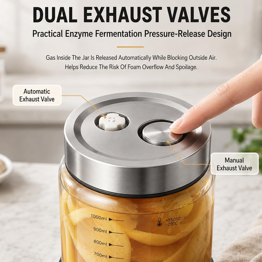 Fermentierglas 1L, 2 Stück Fermentiergläser mit Ventil, Kimchi Behälter mit Deckel, Fermentationsgla