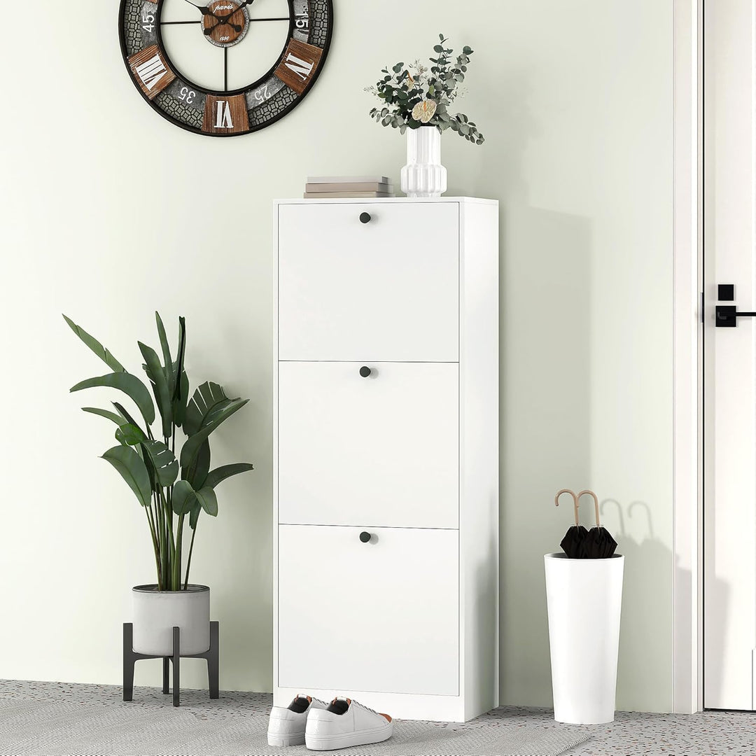 HOMCOM Schuhschrank mit 3 Klappen, Schuhregal mit Verstellbar Trennwand, Schuhkommode Schmal Schuhki