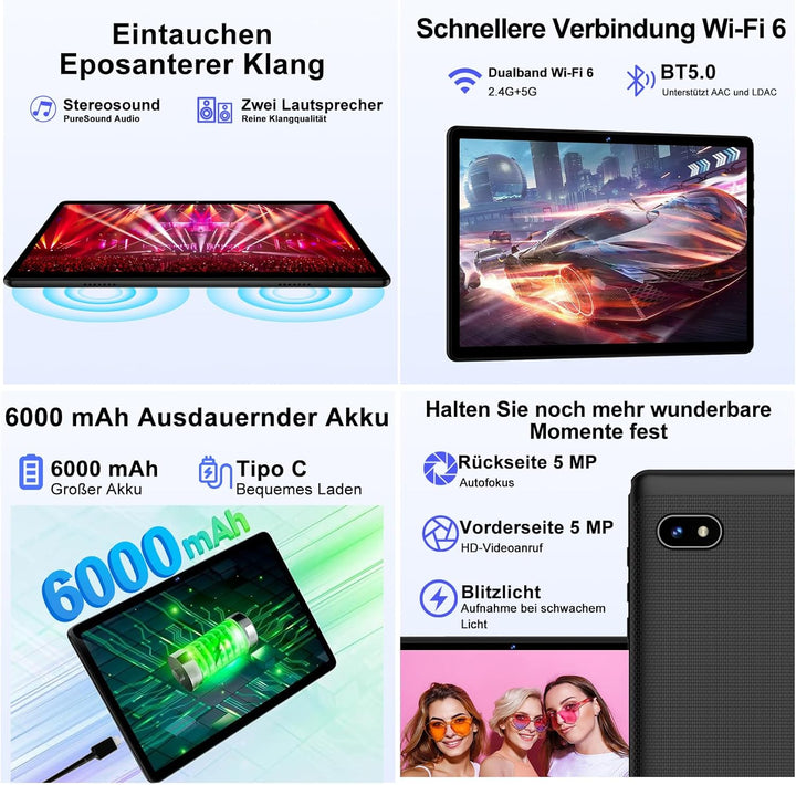 DMOAO Tablet 10 Zoll Android 14 mit 5G WLAN 6, 18 GB RAM + 128 GB ROM(TF 1TB), Widevine L1, Octa-Cor
