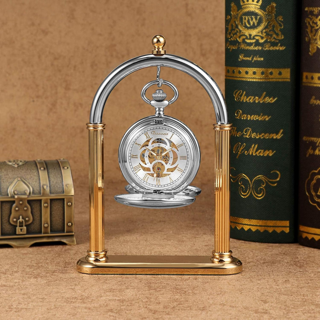 TREEWETO Taschenuhr Unisex Taschenuhr mit Kette Analog Mechanisch Handaufzug Doppelscharnier Antik R