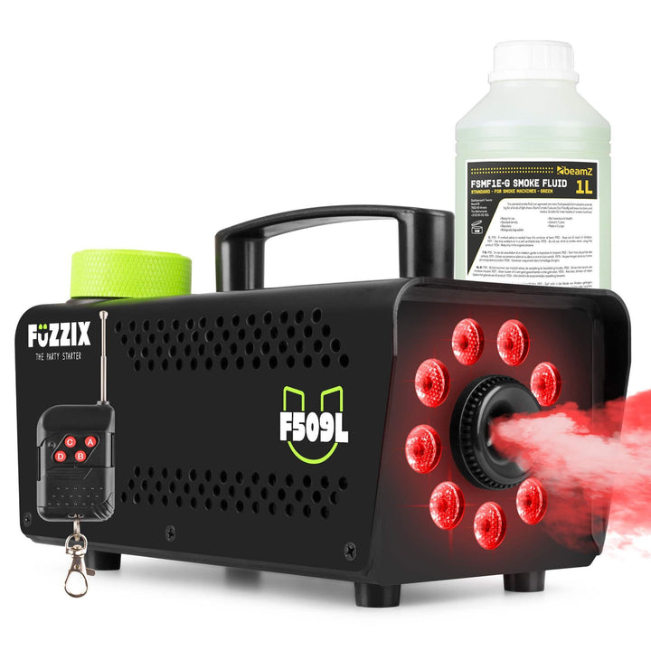 Fuzzix F509L Nebelmaschine Mini mit LED Lichteffekt und 1 Liter Nebelfluid, 500 Watt mit Fernbedienu