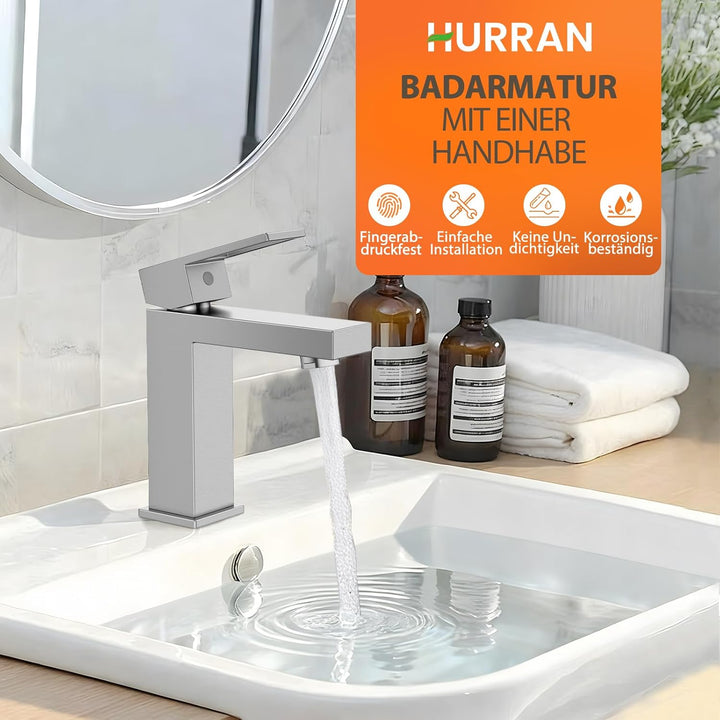 Wasserhahn Bad Einhebel-Waschtischarmatur, HURRAN Badezimmer-Wasserhahn Edelstahl, Warm/Kaltwasser M