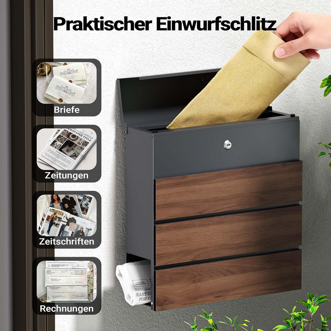 Toboli Briefkasten V63 Anthrazit und Holzdesign 410 x 130 x 370 mm, Wandbriefkasten mit Schloss, Sof