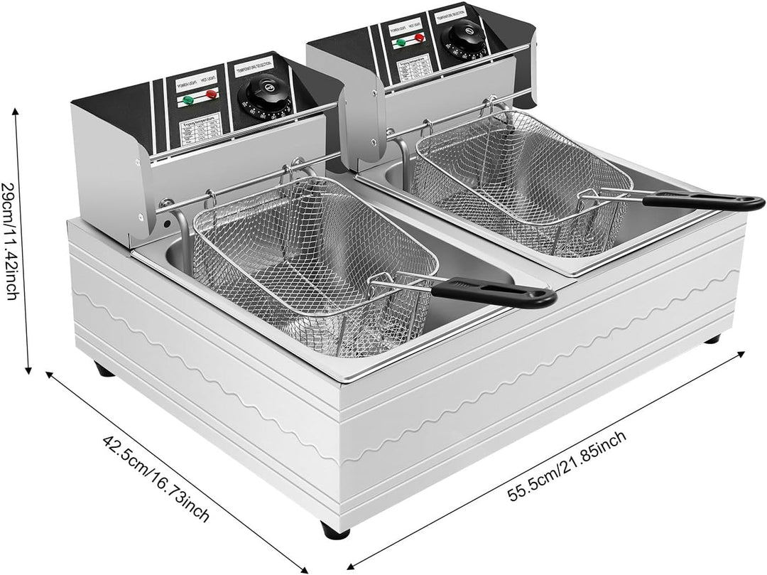 Doppelfritteuse 2x6L Edelstahl, elektrische Doppelbecken-Fritteuse 5000W, 60-200°C Temperaturregelun