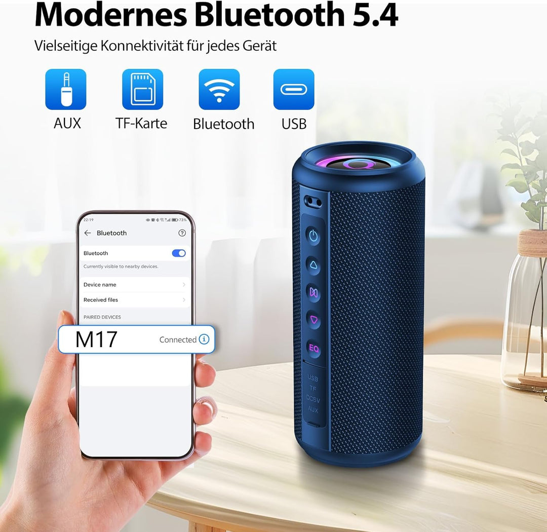 Bluetooth Lautsprecher, 2026 Musikbox Bluetooth 5.4 mit RGB Lichter, Tragbarer Lautsprecher Freispre