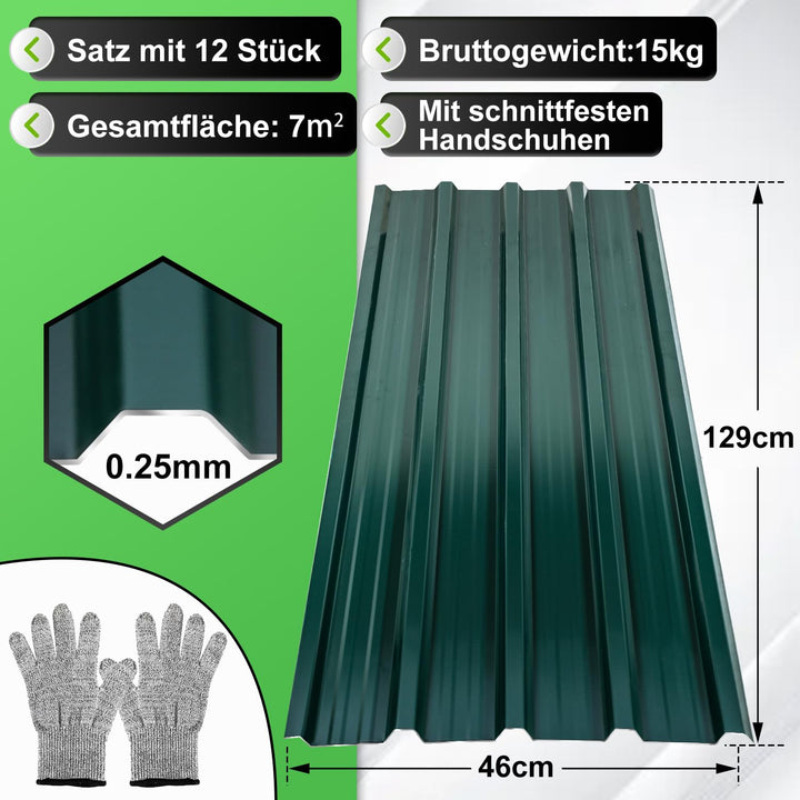 Ansobea 12 Stück Trapezblech 129x46cm, 7m² Dachblech Profilblech, Verzinkt Wellblech 0,25 mm Rostres