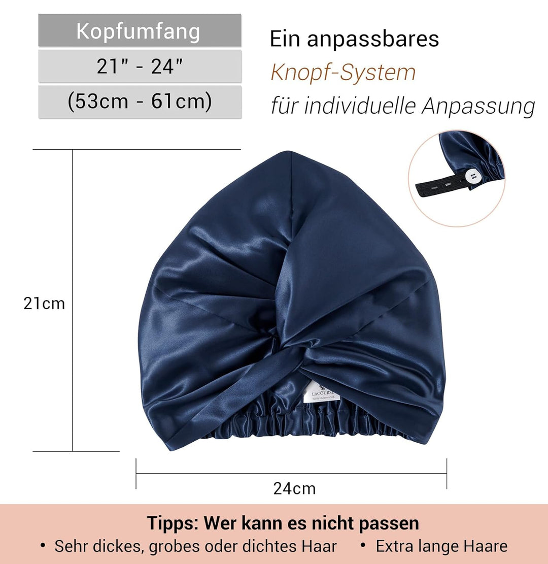 ‌LaCourse Rutschfeste Verstellbare Echte 22 Momme 100% Maulbeerseiden-Seidenhaube zum Schlafen, Dopp