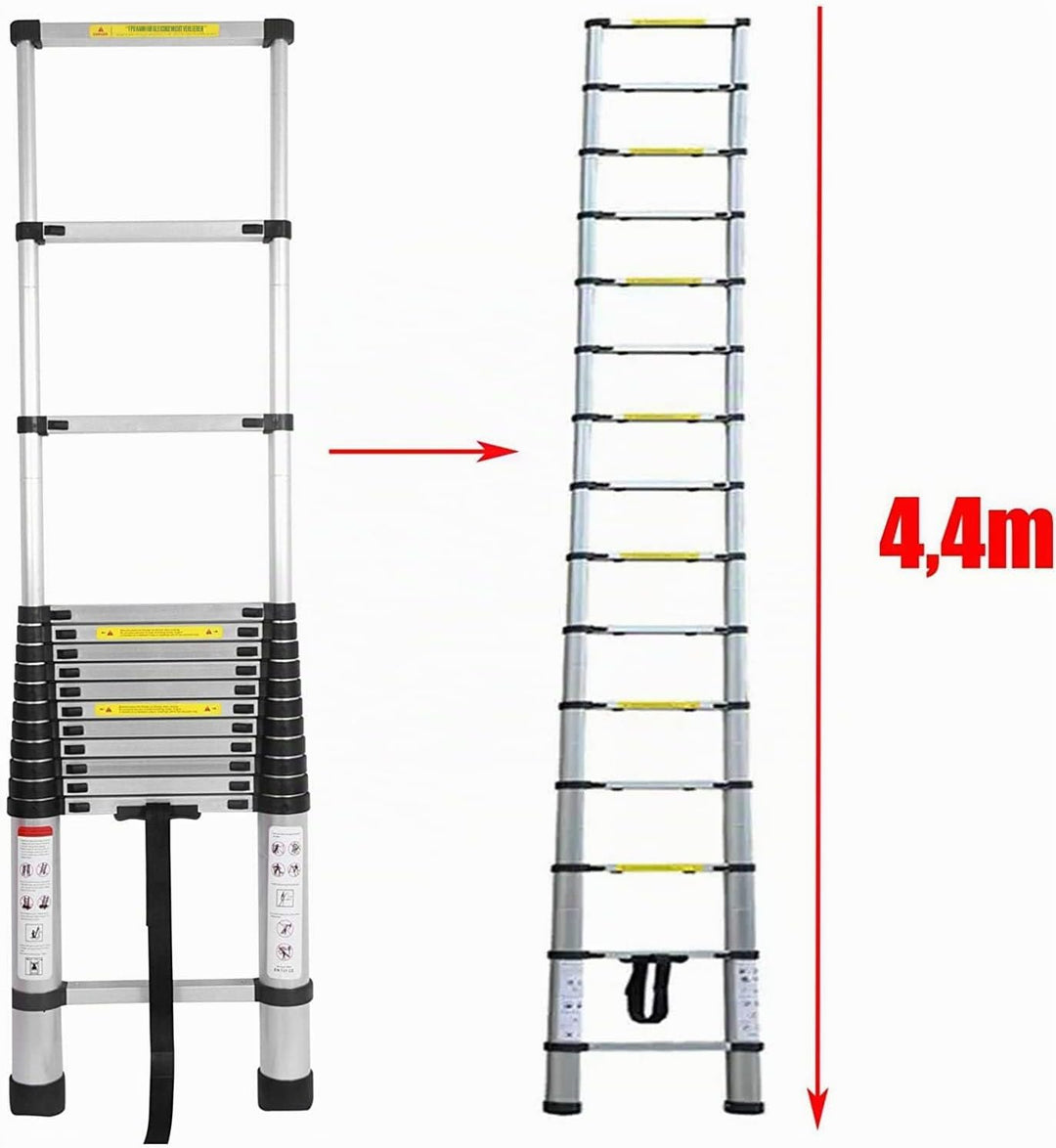 4.4M Alu Teleskopleiter, Ausziehbare Leiter, Klappleiter Stehleiter Rutschfester, Ausziehleiter Mehr