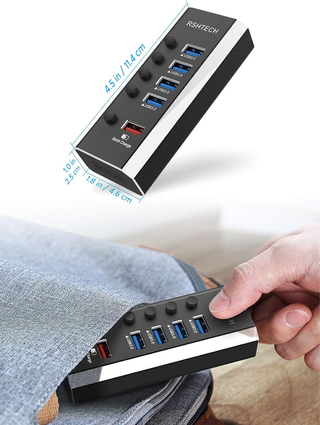 RSHTECH Aluminium USB Hub Aktiv 3.0 mit 24W Netzteil, mit 1*Schnellladeanschluss, 4*USB 3.0 Datenans