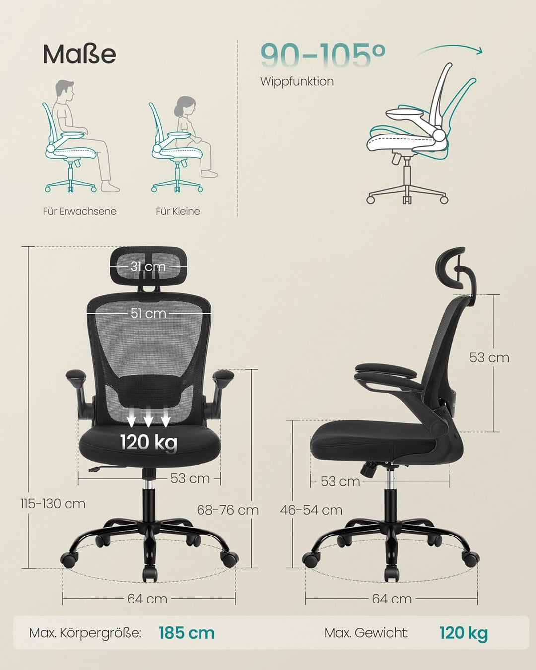SONGMICS Bürostuhl ergonomisch, Schreibtischstuhl, Drehstuhl mit Mesh, gepolsterte Lendenstütze, Wip