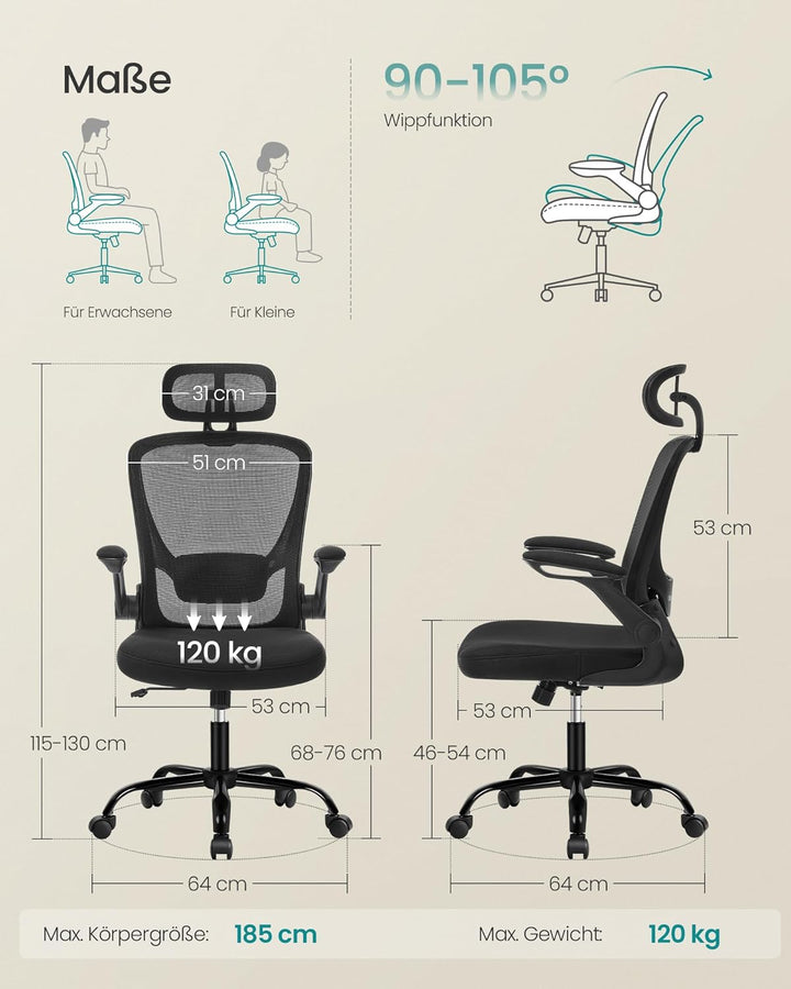 SONGMICS Bürostuhl ergonomisch, Schreibtischstuhl, Drehstuhl mit Mesh, gepolsterte Lendenstütze, Wip