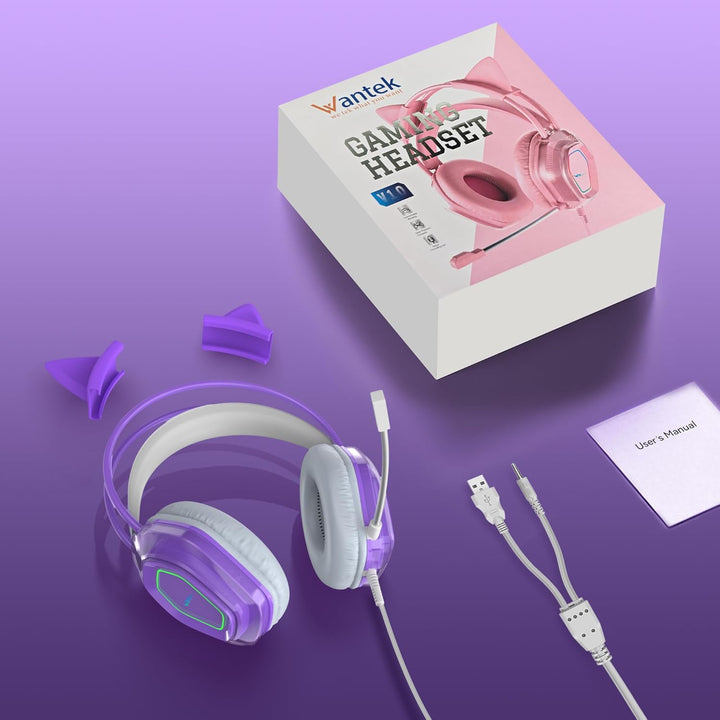 Wantak Katzenohr Kopfhörer mit Mikrofon – Kabel (3,5mm/USB) – Gaming Headset für PC/PS5/Xbox – Noise